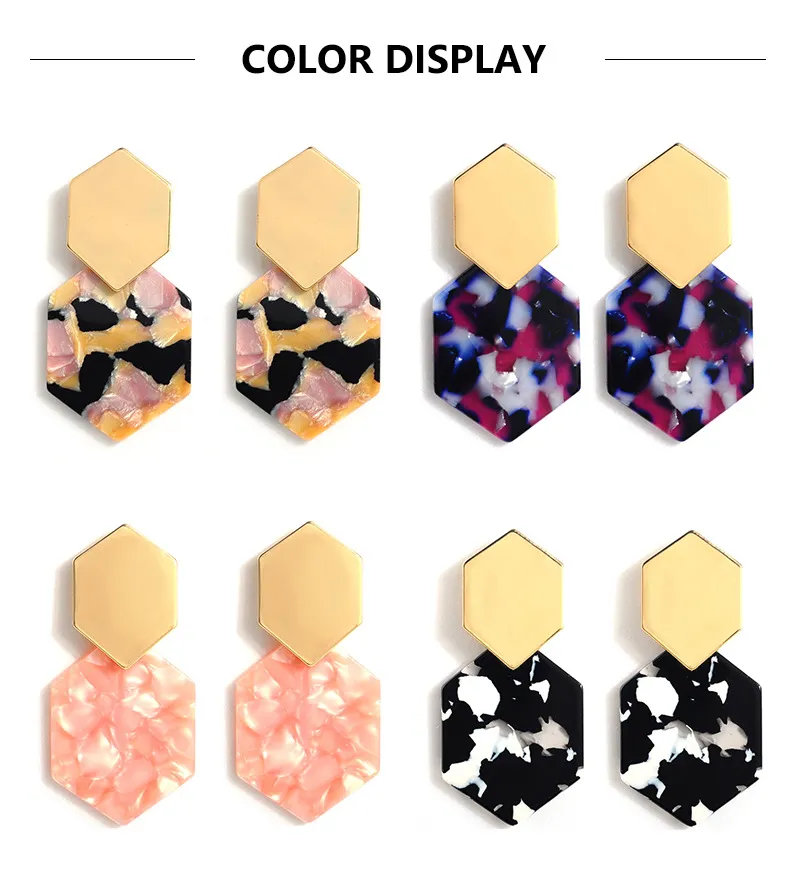 Boucles d'oreilles pendantes en résine acrylique clou géométrique en métal diamant hexagonal pour femmes bijoux Boho soeur amis maman