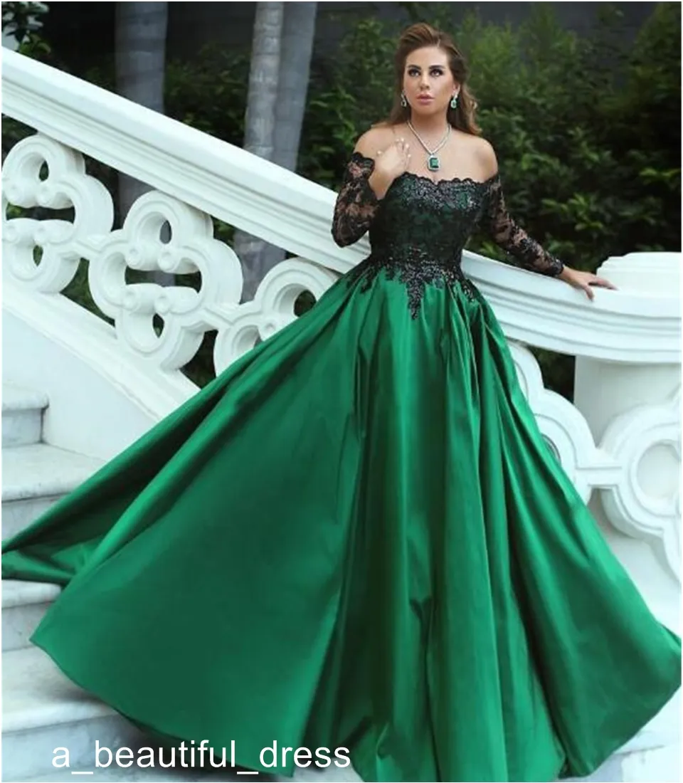 Off-Shoulder Women Ball Gown Quinceanera Dresses Hunter Green With Black Appliques Sequins Evening Dress Long Sleeves Prom Gown ED1115