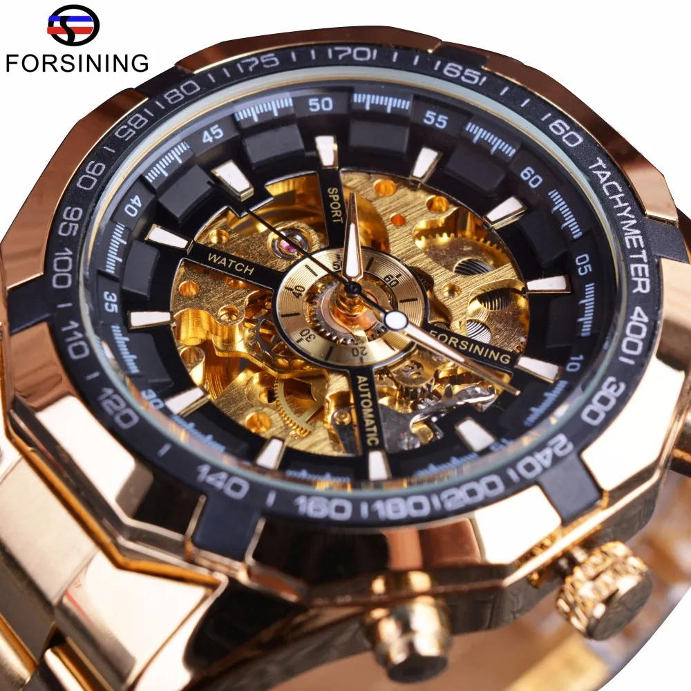 Forsining Men Watch Top Märke Luxury Full Golden Män Automatisk Skelett Klocka Herr Sport Klocka Designer Fashion Casual Clock Män