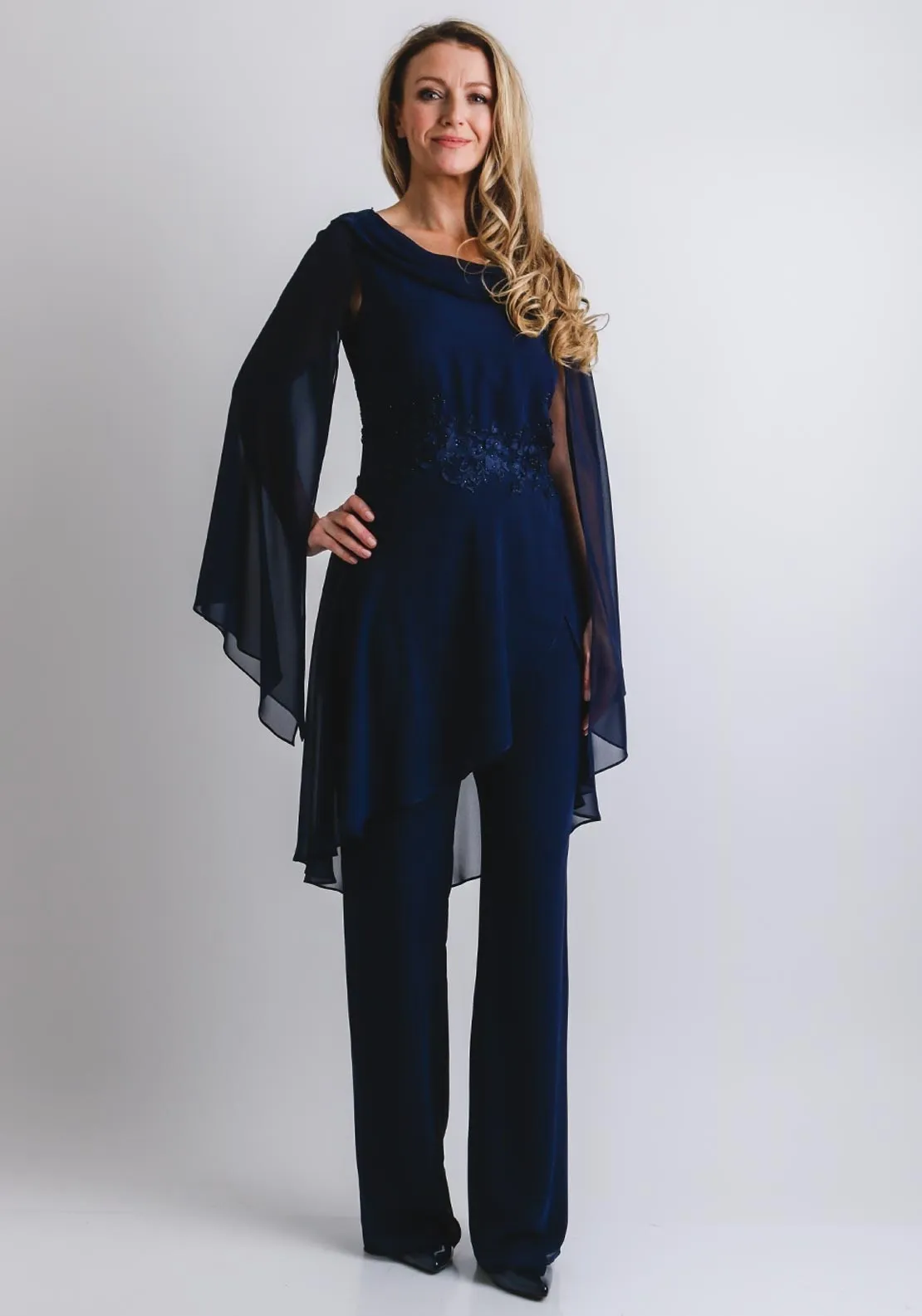 Navy Beaded Mother Of The Mother Of Bride Pantsuits With Jewel Neck And  Long Sleeves Modest Wedding Guest Dress In Chiffon, Plus Size From  Weddingteam, $114.29