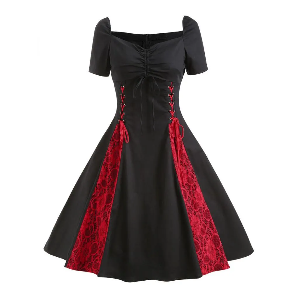 2019 nieuwe vrouwen jurk rood en zwart plus size sexy grote maten gotische kant rockabilly avond prom swing punk jurk L19118
