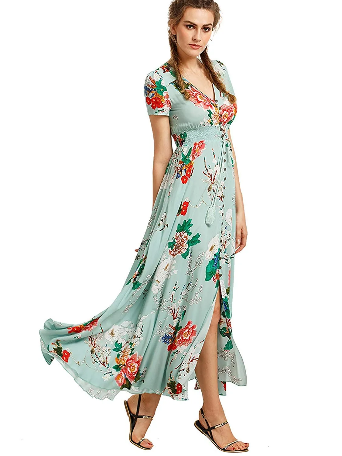 green emerald velvet dress Milumia Women's Vintage Boho Button Up Split Floral Print Flowy Party Dress  A Black Small at Amazon Women's Clothing store
