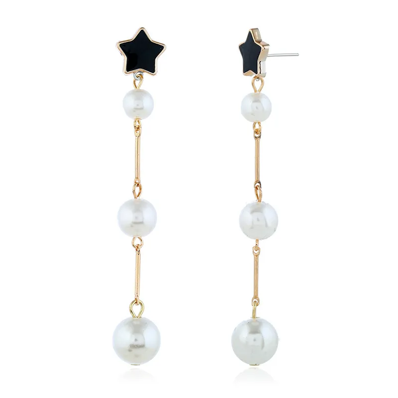 Wholesale- and American fashion simple Black Star Earrings personality long Pearl Pendant Earrings