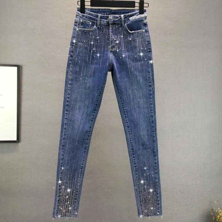 Плюс размер 4xl! Модные бриллианты джинсы Женщины весна Осень Осень Высокая талия горячие буровые джинсы скинни для карандашных карандашей