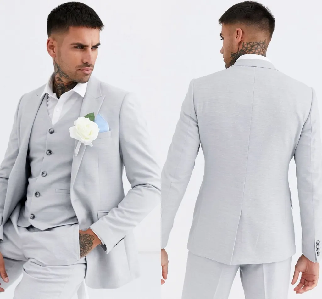 Brand New Light Gray Three Piece Groom Tuxedos Notch Lapel Two Button Men Blazer Men Business Formal Prom Suit(Jacket+Pants+Vest)