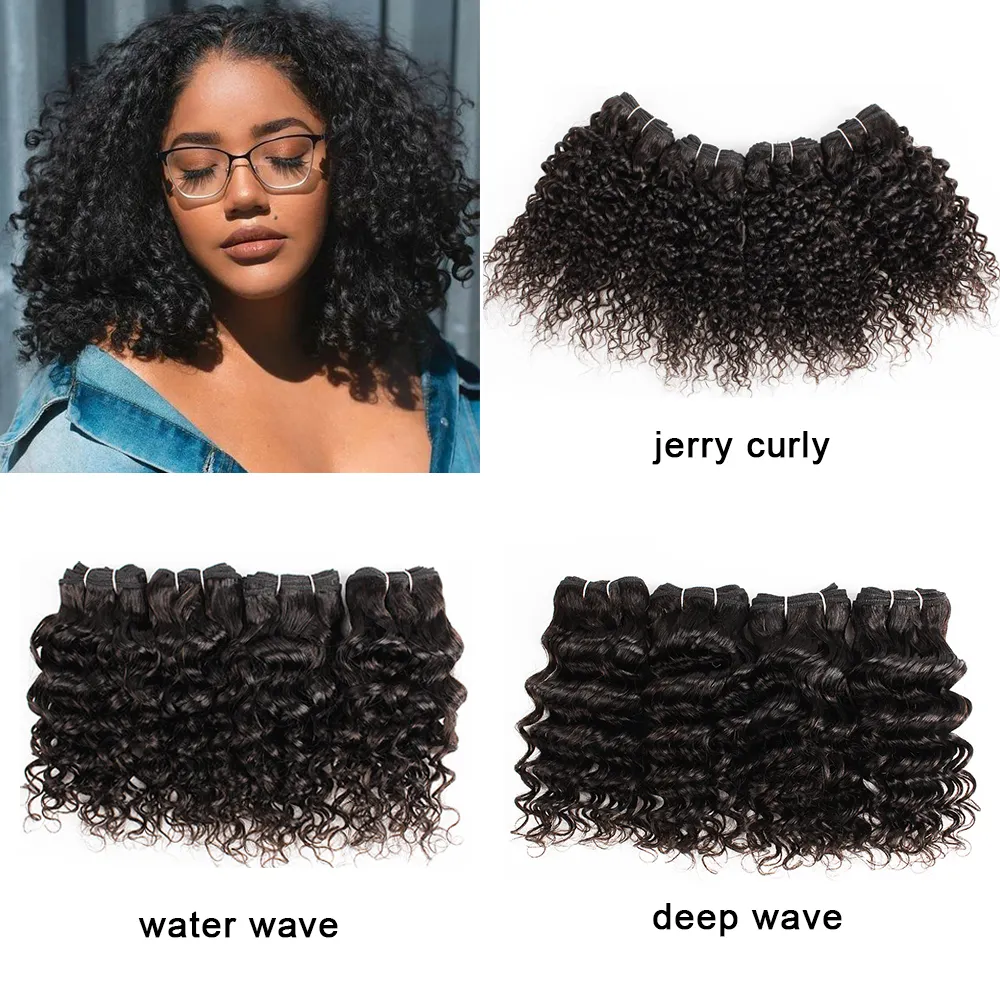 Extension brésilienne de cheveux humains bouclés Deep Water Jerry Curl Weave BundlesNatural Color Short Curly 10 12 pouces 4 Bundles / set Remy Hair