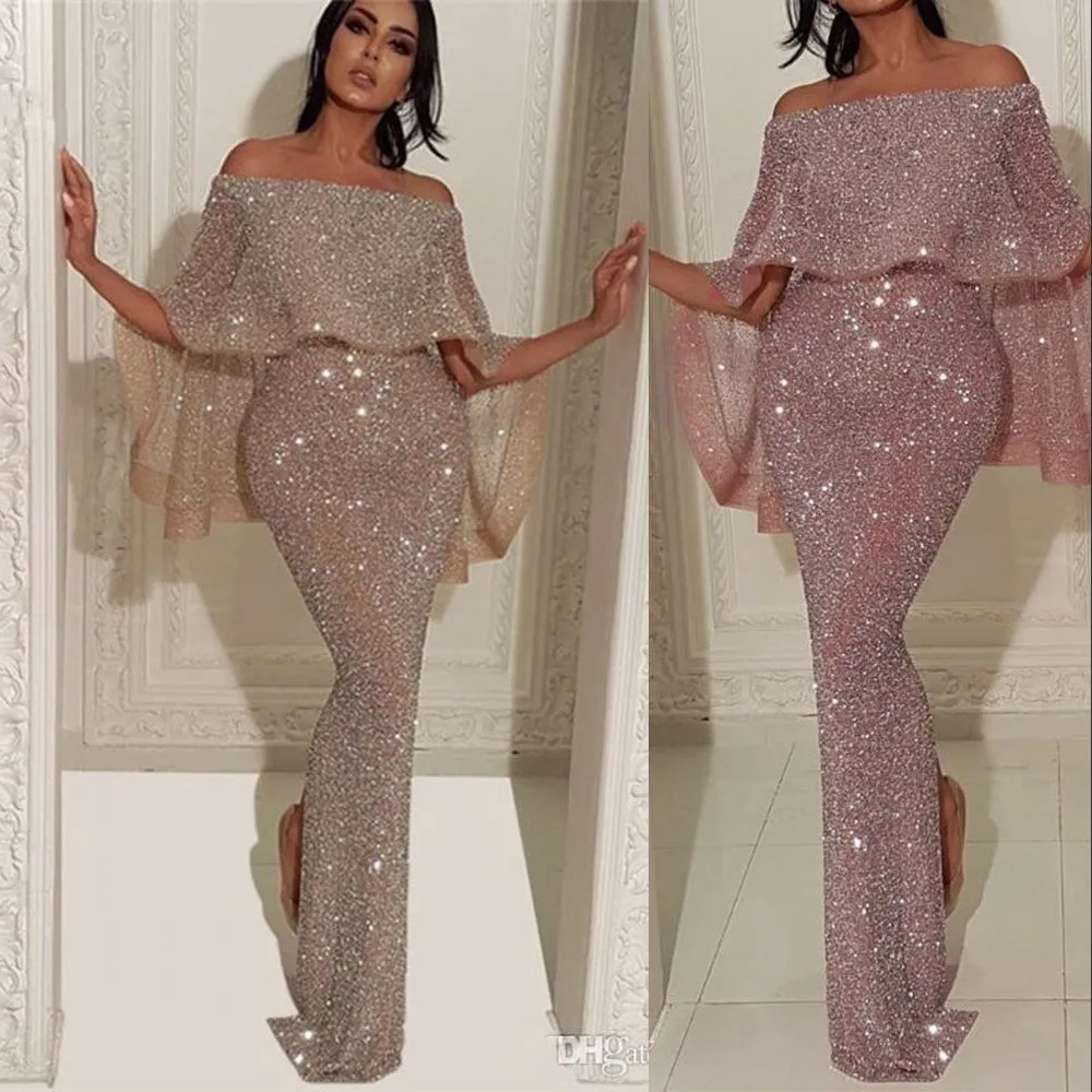 Cheap New Sexy Bling Long Sequins Lace Prom Dresses Mermaid Off Shoulder Ruffles Back Split Party Dress Plus Size Formal Evening Gowns Wear