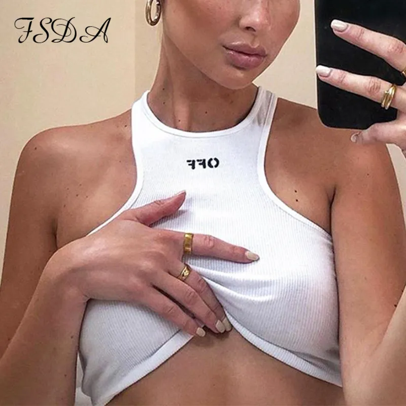 FSDA 夏 2020 白人女性クロップトップ刺繍セクシーなオフショルダー黒タンクトップカジュアルノースリーブバックレストップシャツ