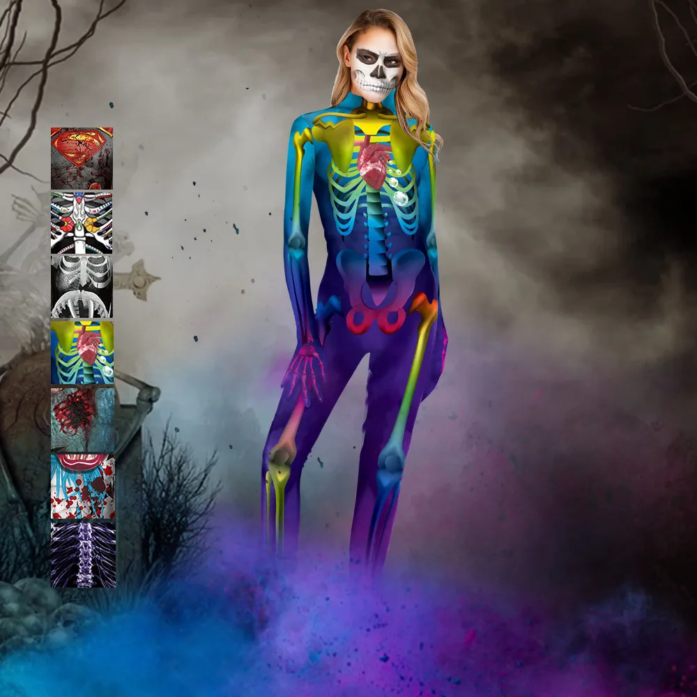 Ouro Mecânica OSSO CRÂNIO Fato Mulheres Dia das Bruxas Roupa Esqueleto Plus Size Jumpsuit Scary Bodysuit Bodysuit Trajes de Halloween