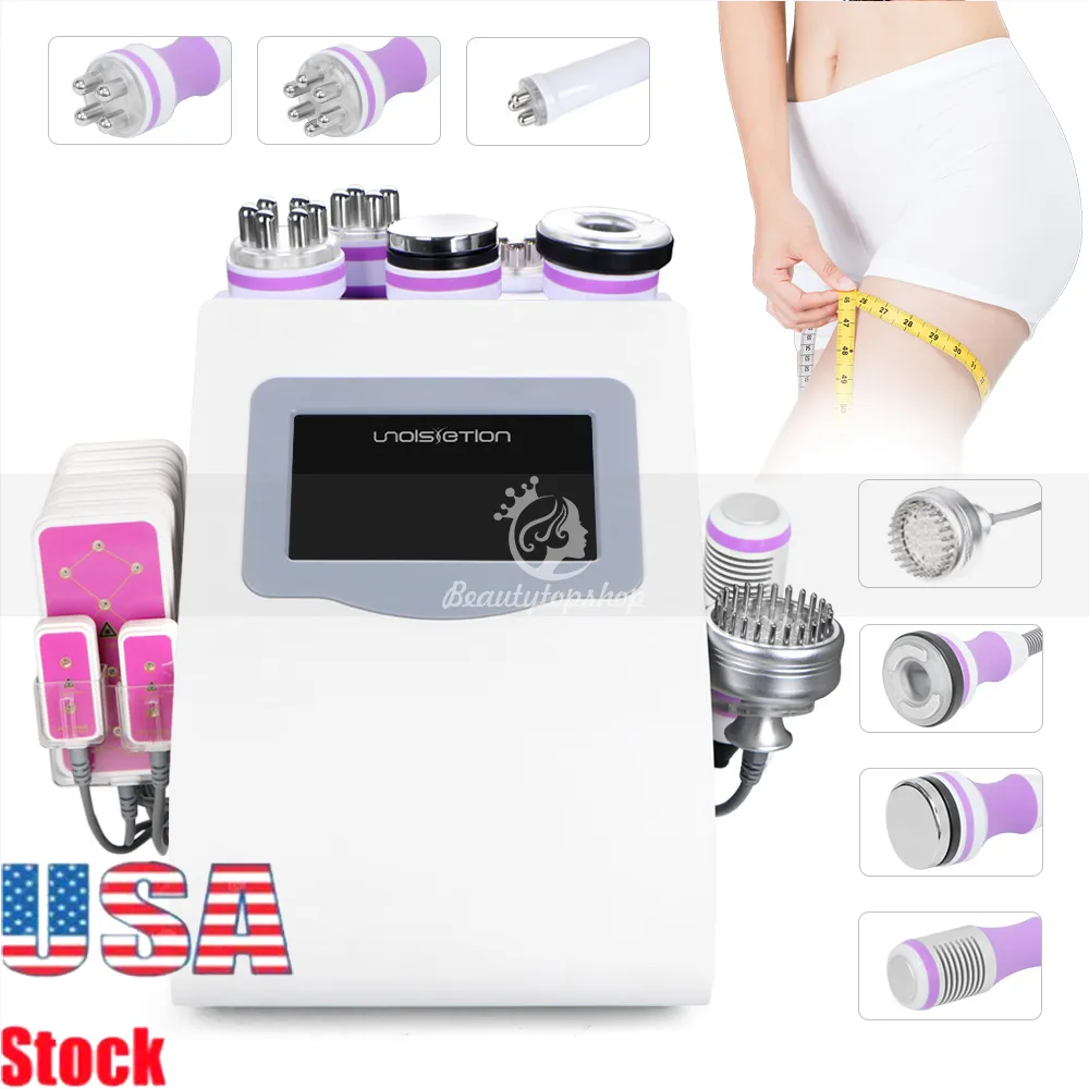 USA Warehouse Salon Viktminskning Maskiner 9 i 1 Kavitation RF Slimming Micro Current Skin Lift Laser Pads Ansiktsbeskrivning Maskin