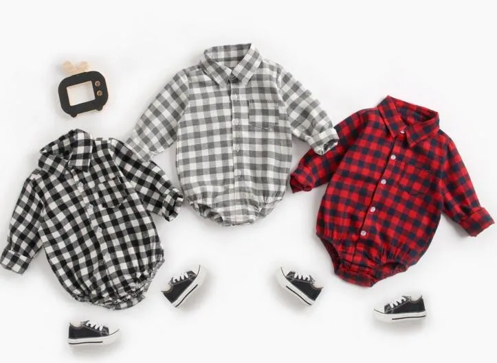 Ins Baby clothing Spring Fall 100% cotton romper Turn Down Collar Plaid Print Long sleeve Boy Girl romper Baby cuasual clothing