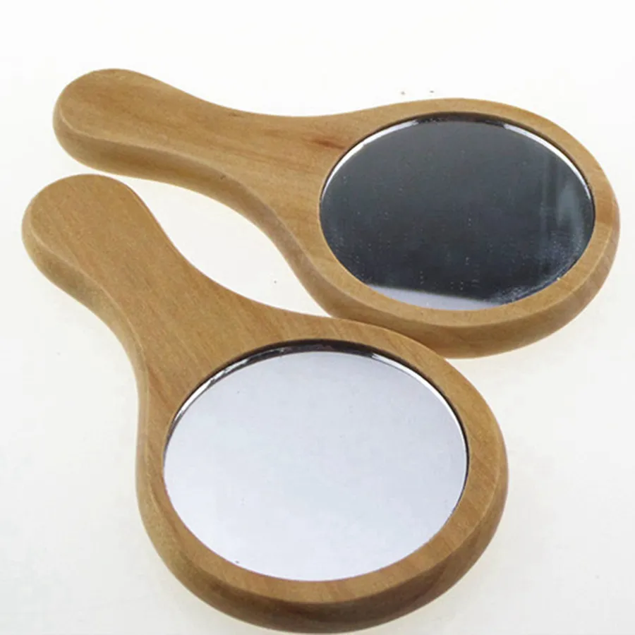 Natural Wood Mirror Wooden Hand Mirror Vintage 1PC Portable Compact Makeup Vanity Hand Held Mirror With Handle RRA1387