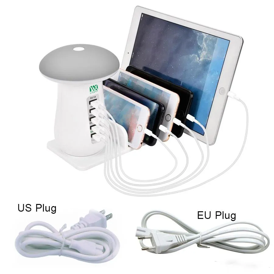 New LED Night Light 5 Port USB Rapid Pulpit Szybka Stacja ładująca Smart USB Carger Carger Hub Travel Charger Universal do czytania