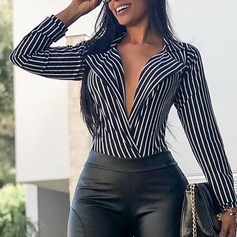 2019 novo estilo moda mulheres senhoras verão profundo decote em v manga comprida solta casual blusa casual camisa tops