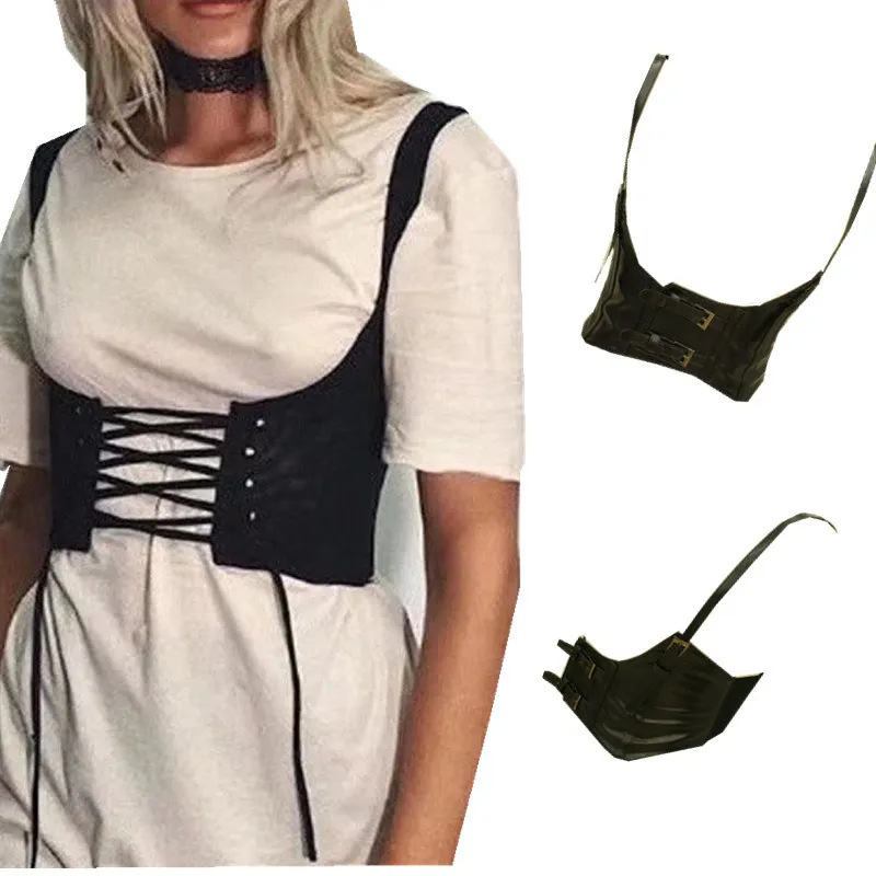 Mulheres largas faixas de couro falso retro cintura elástica cummerbunds punk gótico cosplay acessório alça de ombro novidade all-match espartilho