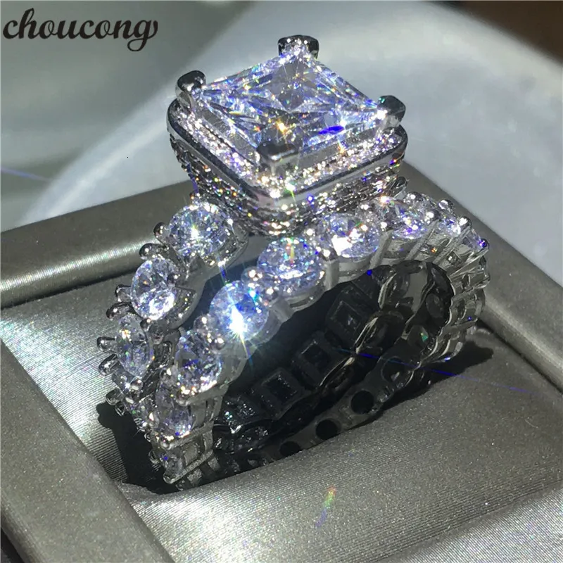 choucong Anello vintage Pave setting 5A zircone Cz Argento sterling 925 Fedi nuziali di fidanzamento Anelli set per le donne Bijoux da sposa S18101607