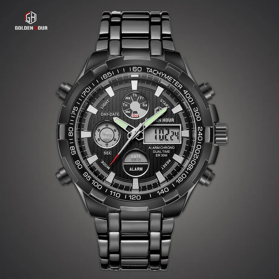 Reloj Hombre GOLDENHOUR Schwarz Quarz Herren Uhr zegarek meski Digitale Armbanduhren Militär Sport Männlich Uhren Relogio Masculino226W