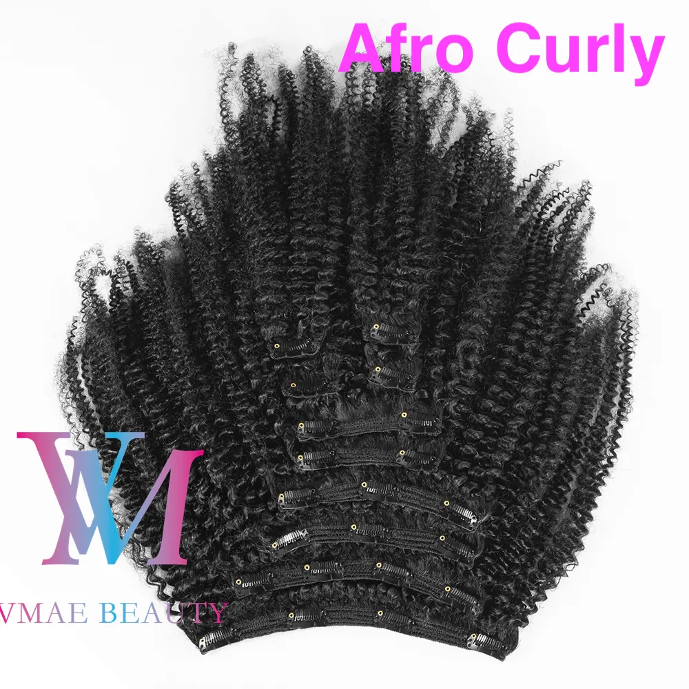 Indisk obearbetad jungfrulig mänsklig klipp Ins 3A 3B 3C Afro Kinky Curly 4A 4B 4C 120G Natural Color #1B Clip i hårförlängningar