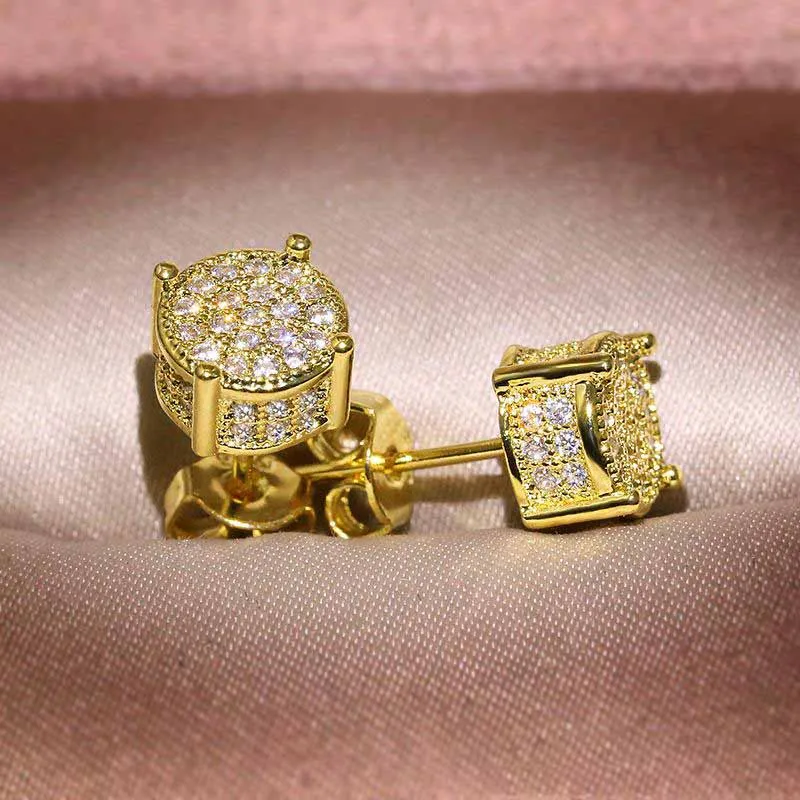 Unisex Studs Yellow White Gold Plated Sparkling CZ Simulated Diamond Earrings for Men Women 2024