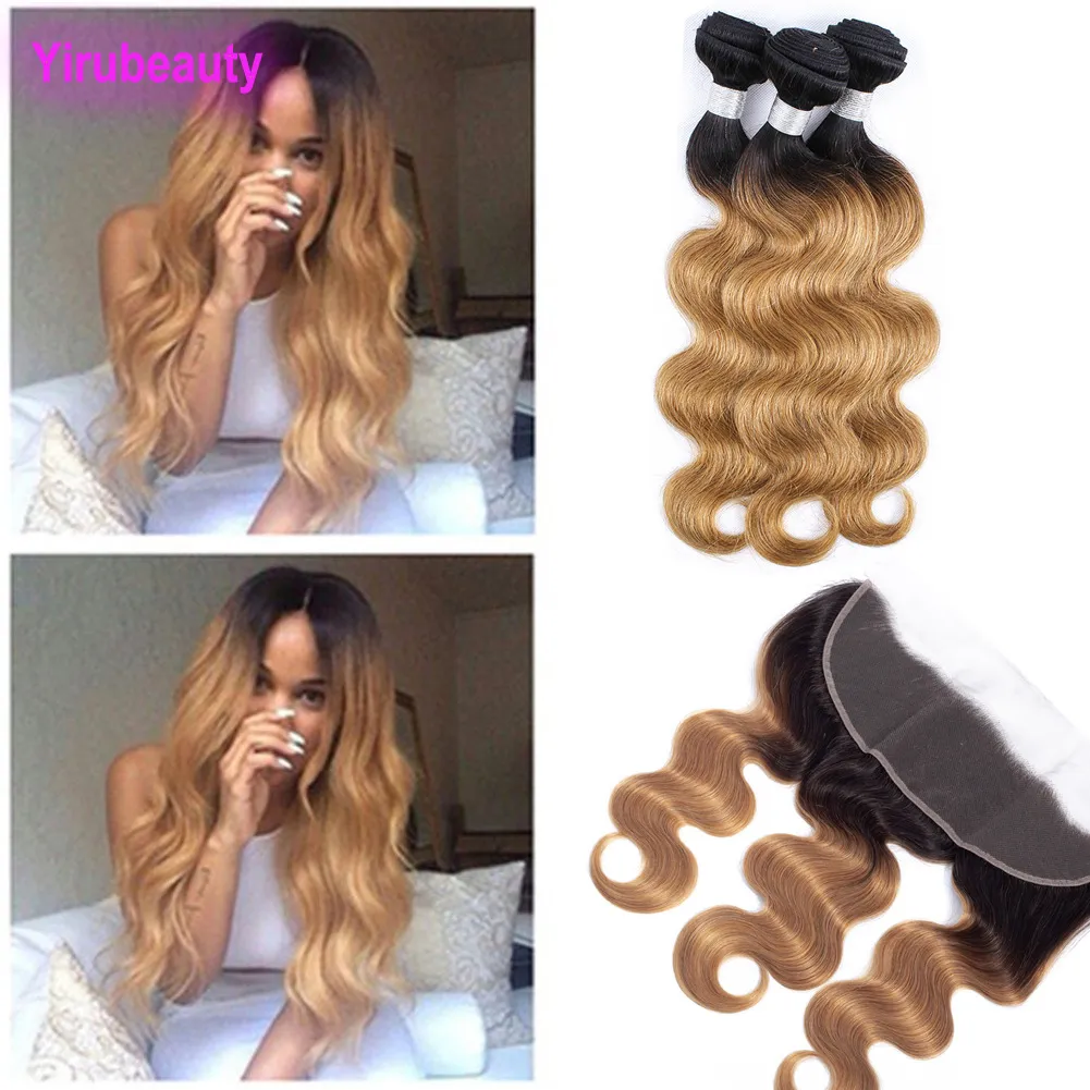 Brazilian Virgin Hair 1B/27 Ombre Human Hair Extensions 3 Bundles With 13X4 Lace Frontal Pre Plucked Body Wave Hair Wefts With Frontals