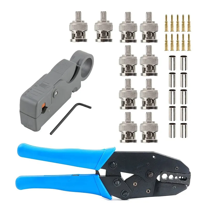 Freeshipping 1Set Coax Rf/Bnc Crimp Tools for Rg58 / Rg59 / Rg6 with 10Pcs Bnc Plug Crimp Connector Set