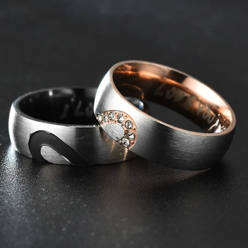 نصف قلب الماس أحبك خاتم الفولاذ المقاوم للصدأ حلقات المشاركة