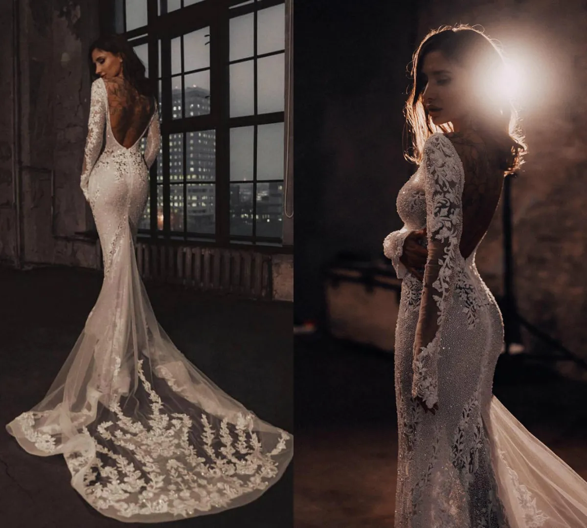 2019 Abiti da sposa a sirena Perline Applique in pizzo Backless Manica lunga Abito da sposa country Slim Plus Size Abiti da sposa Vestidos De Novia