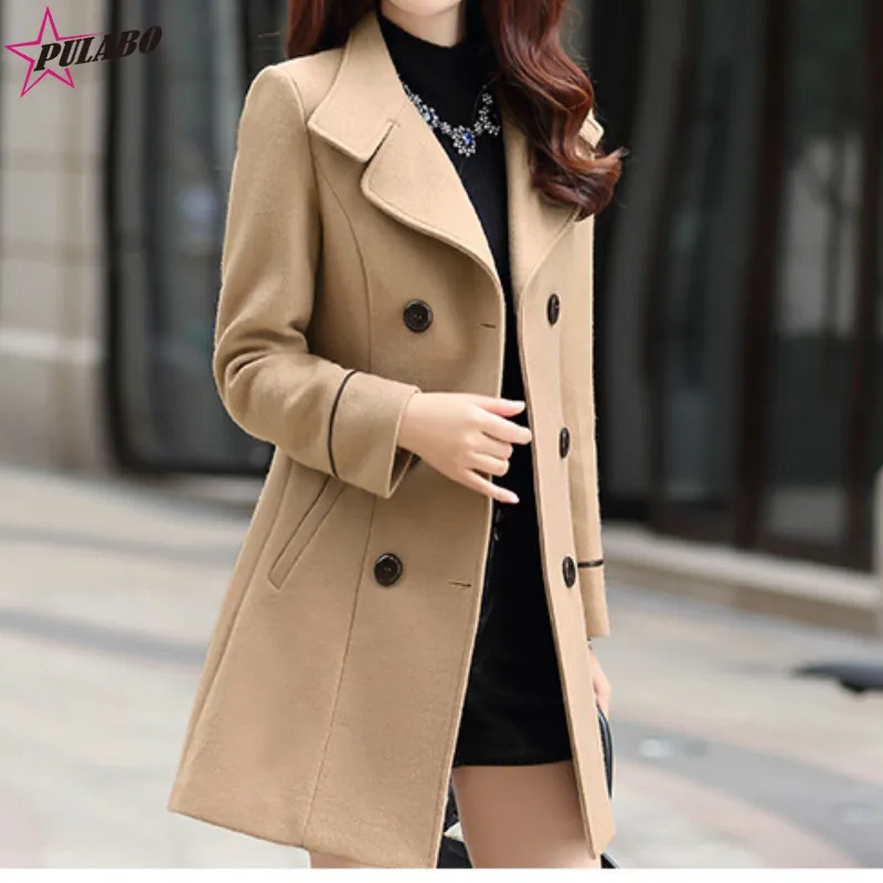 PULABO frauen Zweireiher Schlank Solide Wolle-Mischung Winter Pea Coats Winter Langen Mantel Frauen Ropa Mujer Invierno weibliche Jacke