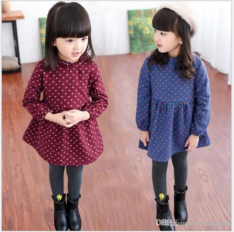 2017 Outono Inverno Meninas Vestido de Princesa Do Bebê Menina Engrossar Vestidos Quentes Crianças Vestido de Manga Longa Estilo Coreano Crianças Vestido 5 pçs / lote