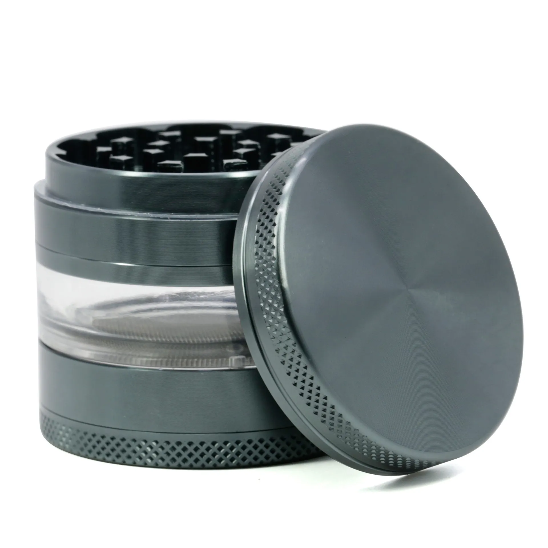 Färgrik metall aluminiumlegering Rökning Herb Grinder 63mm 4 stycke med avtagbar nätskärm Genomskinlig fönster Spice Grinder Tobacco-rökning