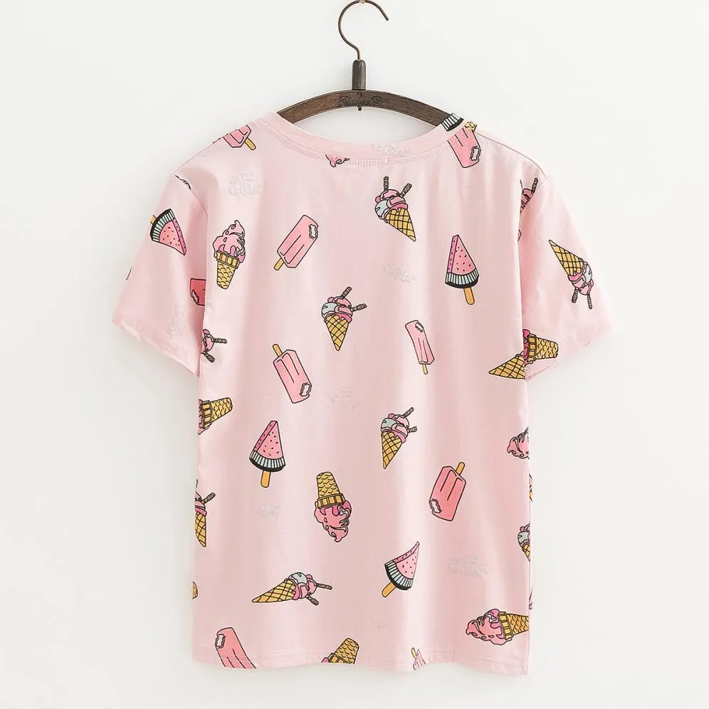 Toppar Hot Tees Ice Cream Print Bomull T-shirt Kvinnor Skjorta Kortärmad O-Hals Casual T Shirt Topp Topptröja XS -XL Kvinnlig trend