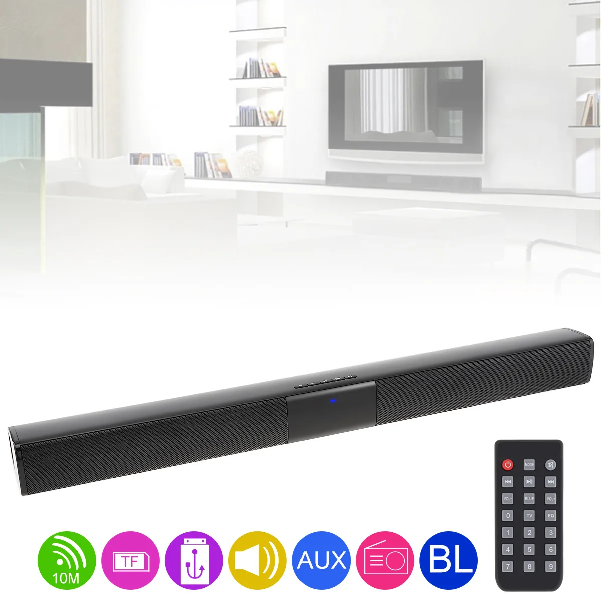 SR100 Bluetooth Soundbar Ev Tiyatrosu Kablosuz Subwoofer PC Hoparlör Tam Frekanslı Korna 3.5mm AUX / RCA Arayüzü TV için