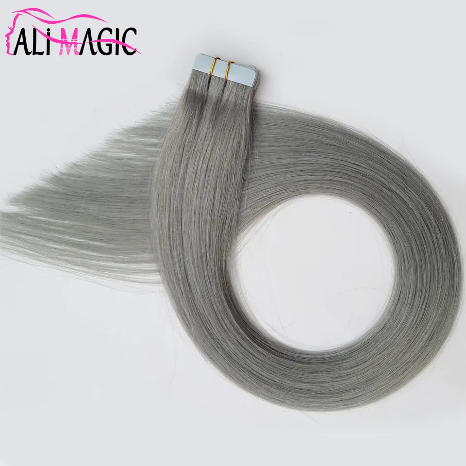 Virgin Remy Gray Tape In Human Hair Extensions Silver 100g 40pcs Brazilian Peruvian Indian Malaysian Skin Wefts PU Tape Hair