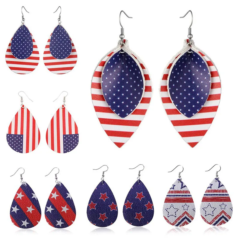 Mode mehrschichtige PU-Leder baumelnde Ohrringe für Frauen Softball Basketball Fußball amerikanische Flagge Wassertropfenform Aussage Ohrringe Schmuck