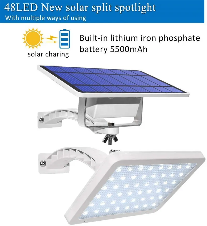 800lm Solar Garden Light 48leds IP65 Integra Split Solar Street Lights Lampada da parete solare esterni ad angolo regolabile