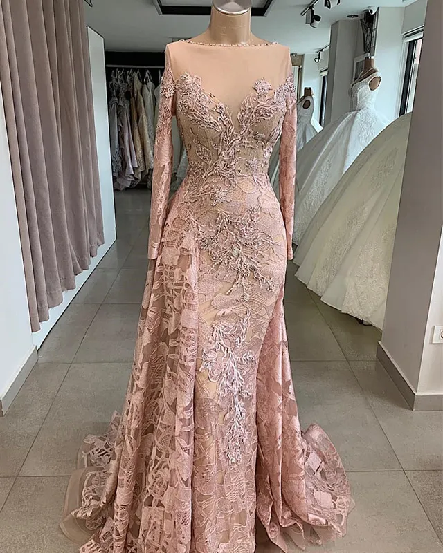 Vintage Blush Mermaid Prom Pageant Jurken met lange mouwen Jewel Neck Lace Beaded Sheer Neck Trompet Arabisch Gelegenheid Avondjurken