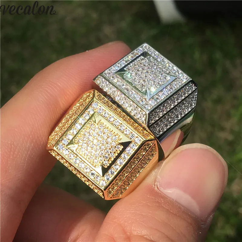 HIPHOP VECALON MANNELIJKE RING STERLING SIER PAVE SET 5A CZ PARTY Wedetband Ringen voor Men Rock Finger Jewelry S S