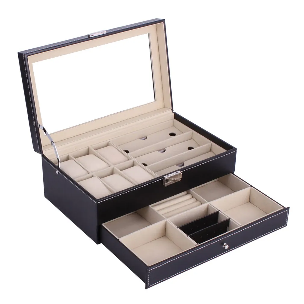 6 Grids 3 Grids PU Leather Watch Box Double Layers Glass Holder Rings Bracelet Storage Jewelry Display Case Packaging Container