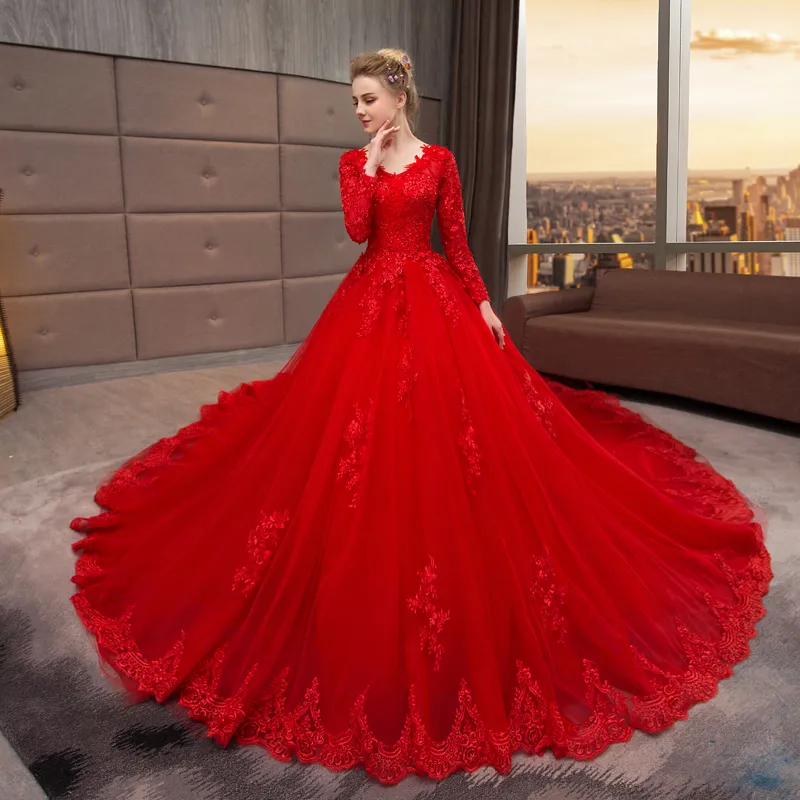 Cathedral Train Red Wedding Dresses Lace 2022 V-neck Long Sleeve Applique Beads Sequins Bridal Dress Wedding Gowns Plus Size Custom Made