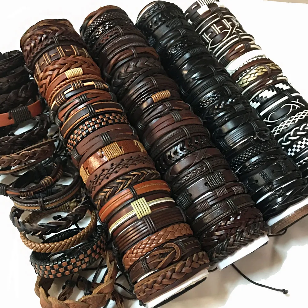 Hele 100 stuks veel Manchet Lederen Armbanden Handgemaakte Lederen mode armband armbanden voor Mannen Vrouwen Sieraden mix kleuren bra263R