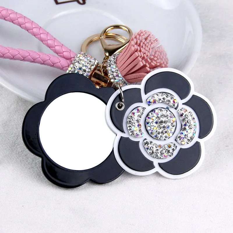 New Women Key Chain Makeup Mirror Camellia Flower Key Ring Pendant Tassel Bag Pendant Creative Gift Keychain Porte Clef Charm