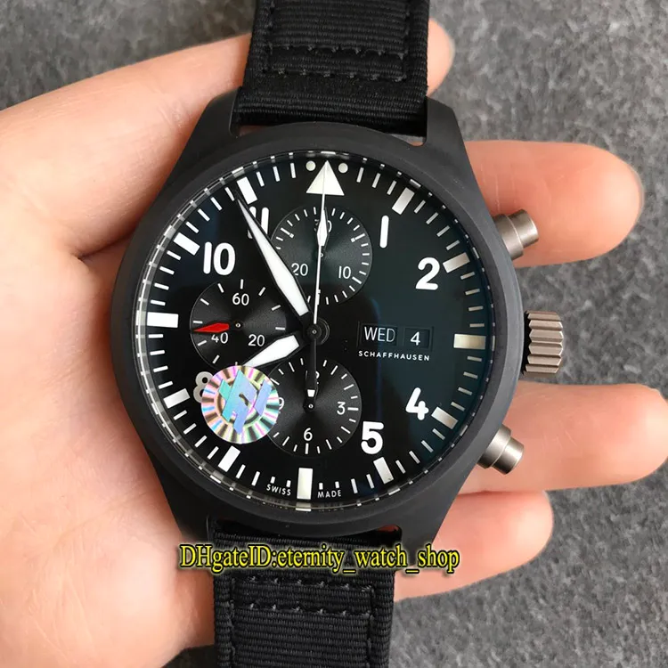 ZF Top versione Pilot Spitfire Fighter Serie Cassa in ceramica 389101 Quadrante nero ETA 7750 Cronografo Automatico Orologio da uomo Orologi sportivi in nylon