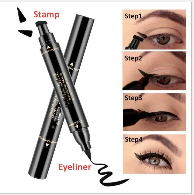 Eyeliner ad ala con timbro di design a doppia intestazione Nero spesso e penna eyeliner alla moda ad asciugatura rapida Strumenti per il trucco degli occhi