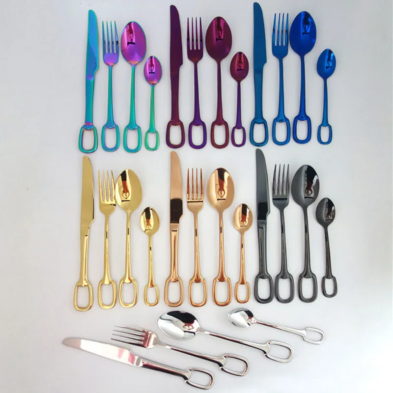 스테인레스 스틸 골드 Flatware 세트 숟가락 포크 나이프 차 숟가락 식탁 세트 주방 다이닝 바 식기 4pcs / 7 색 WX9-1362 세트