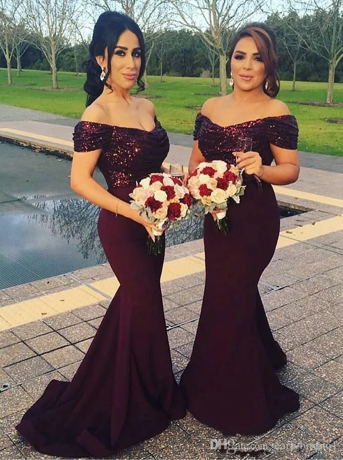 2020 Borgoña fuera del hombro Sirena Vestidos largos de dama de honor Top con lentejuelas brillantes Vestidos de invitados de boda Tallas grandes Vestidos de dama de honor