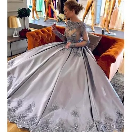 Silver Grey A Line V Neck Long Sleeves Lace Prom Dress, Silver Gray La –  jbydress