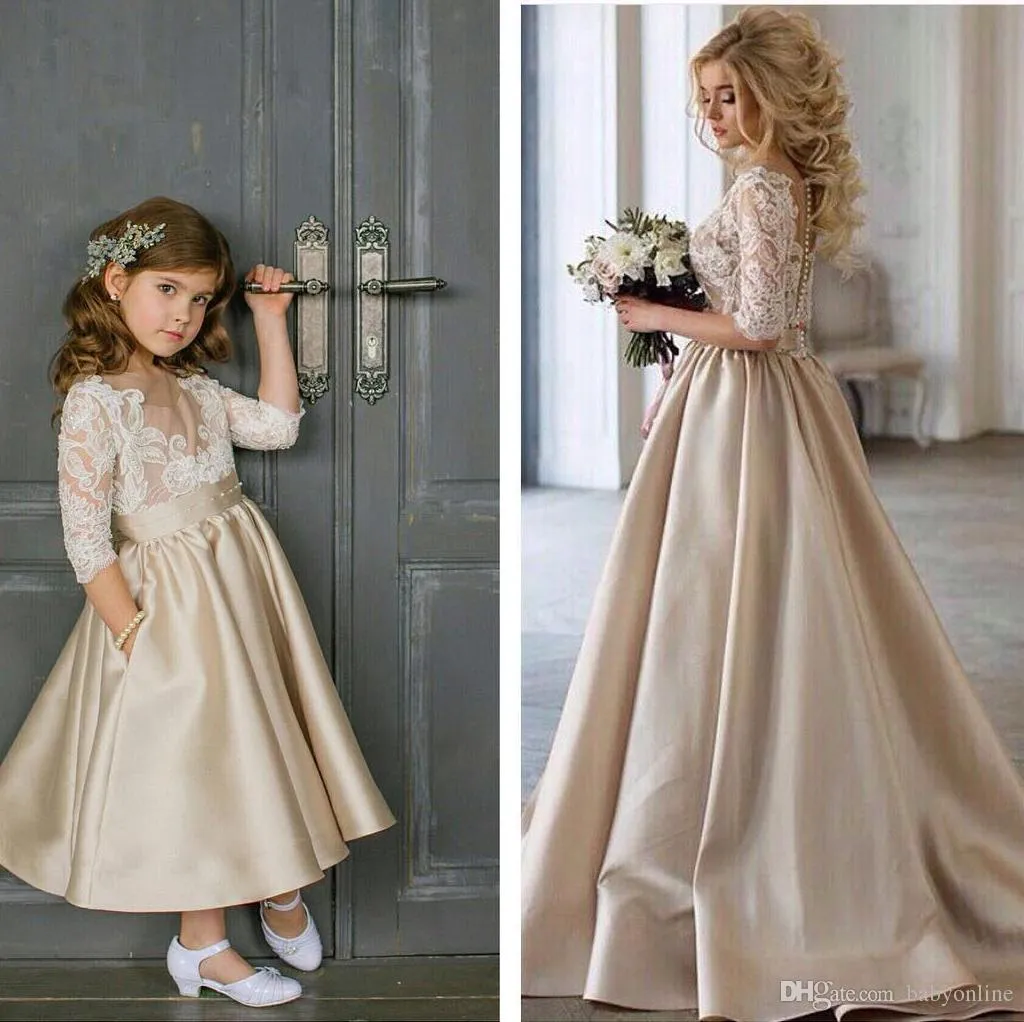 Élégant Champagne Fleur Fille Pageant Robes 3/4 Manches Longues Dentelle Satin Cheville Longueur Piste Enfants Robe pour Anniversaire Fleur Filles Robe