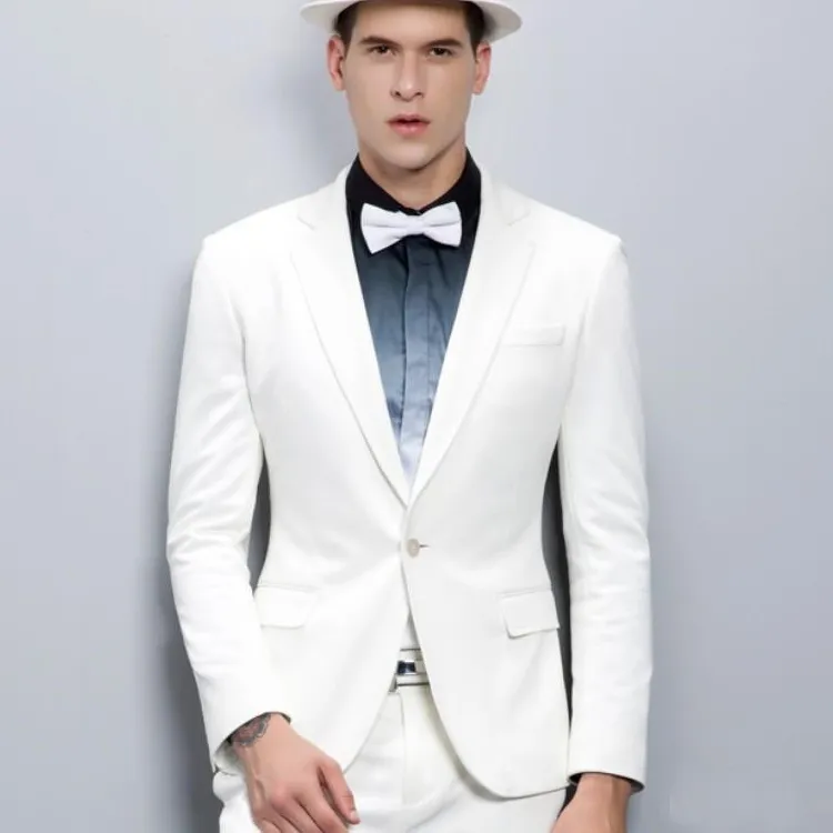 Sonbahar Moda Beyaz Damat smokin Çentikli Yaka Groomsmen Resmi Blazer Balo Ceket Suit (Ceket + Pantolon) Smokin Mükemmel Men Wear