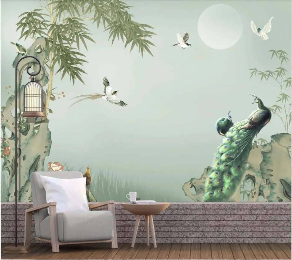 Nouveau style chinois fleurs peintes à la main et les oiseaux bambou décoratif peinture murale papier peint 3d paysage