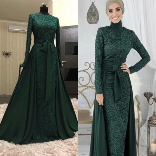エレガントな濃い緑のイスラム教徒のイブニングドレスは取り外し可能な電車のフォーマルなドレス2019ハイネック長袖のウエディングドレスフルレースのアラビアのイブニングガウン